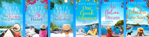 Covers of novels by Kate Frost. All feature a woman wearing a hat, overlooking the sea under blue skies on an island.