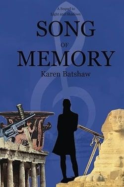 My Greek Books November 2024. Song of Memory by Karen Batshaw. Dark blue background with a treble clef shaded over. Silhousette of a woman standing between a Greek temple and the Sphinkx